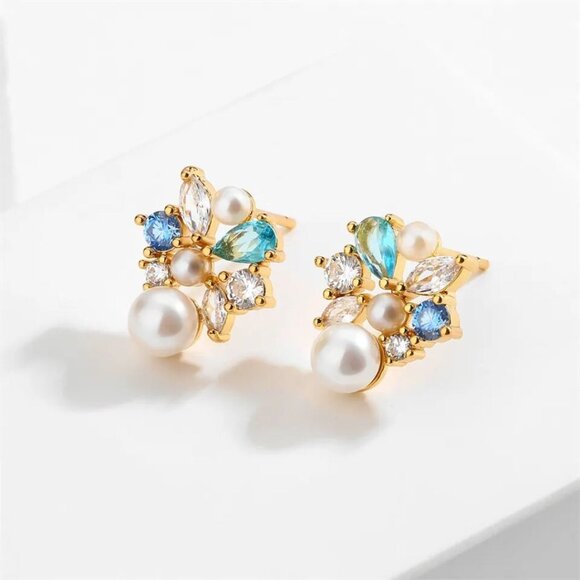 Ethereal Blue Stud Earrings with Pearls Gold Fashion Jewelry  Ethereal Blue Stud Earrings with Pearls Gold Fashion Jewelry